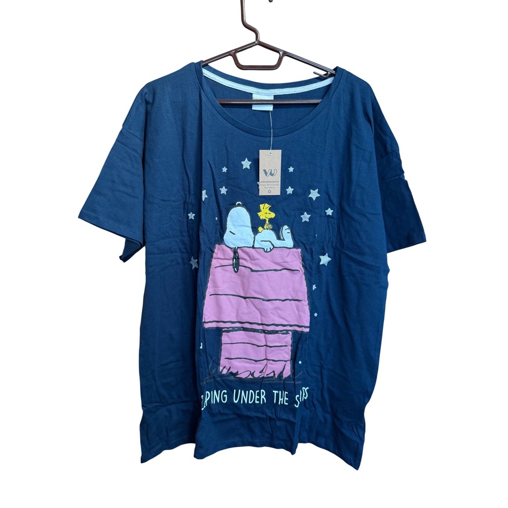 Peanuts Snoopy Woodstock Sleeping Under Stars Navy Blue Sleep Shirt NWT L - Picture 1 of 5